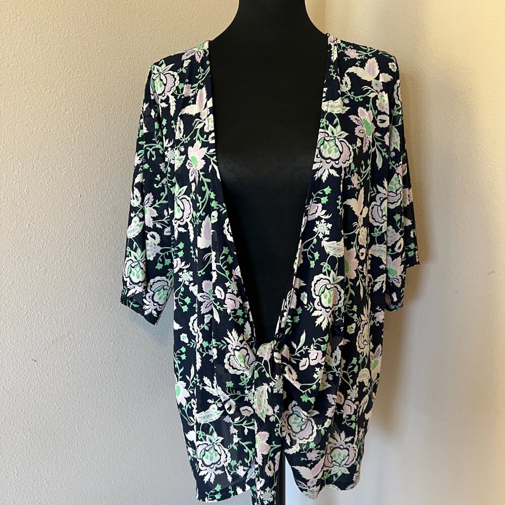 Lane Bryant Kimono-Sleeve Tie-Front Overpiece - Navy Blue Floral - 14/16